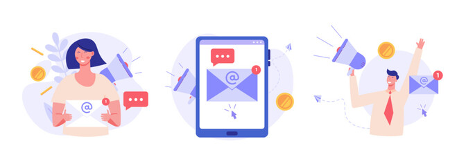 People promoting email marketing. Collection of concepts of email marketing promotion, mail campaign, newsletter mail sending. Vector illustration set in flat cartoon design.