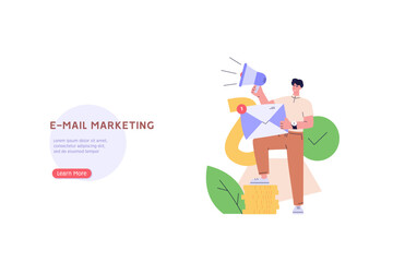 Person is using a megaphone to promote the benefits of email marketing. Concept of email marketing promotion, mail campaign, newsletter mail sending. Vector illustration in flat cartoon design.