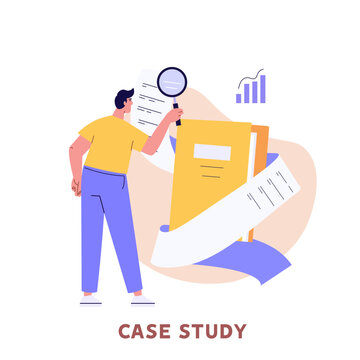 Man studying information, facts. Concept of case study, searching business information, analyze of product features. Vector illustration in flat design for web banner