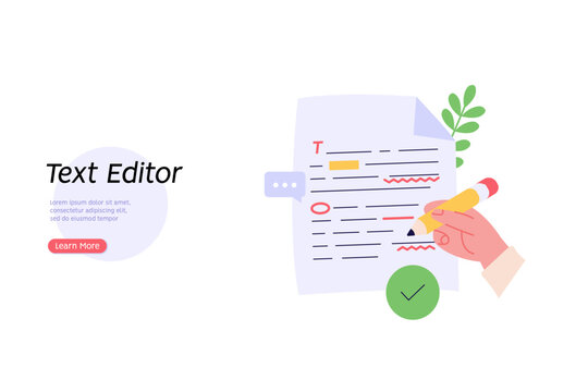 Editing document with text. Correcting grammar mistake with red marker. Teacher fix page text errors. Concept of text editing, grammar edit, correcting mistake. Vector flat cartoon illustration