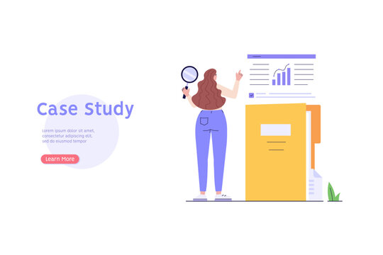 Woman studying information, facts. Concept of case study, searching business information, analyze of product features. Vector illustration in flat design for web banner