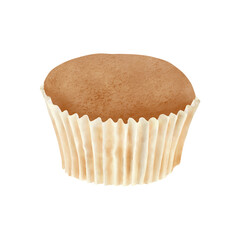 Sweet cupcake without cream in a paper basket. Watercolor digital illustration. Bakery sweets isolated on white background. Sponge cake. Suitable for holiday decor, birthday, Valentine's Day