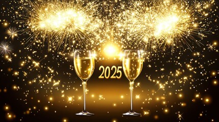 Golden champagne flutes toast 2025 amidst fireworks.