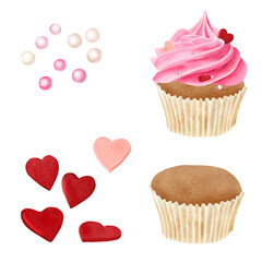 Cupcake with strawberry cream and sweet sprinkles of hearts and pearls in a set. Watercolor digital illustration. Sweet pastry isolated on white background. Sponge cake. For birthday, Valentine's Day