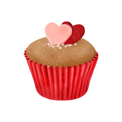 Cupcake without cream in a paper basket and sweet hearts. Watercolor digital illustration. Sweet pastry isolated on white background. Sweet pearl sprinkles on a cupcake. For a wedding, Valentine's Day