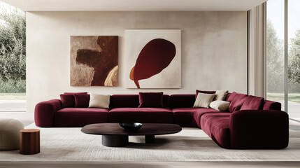 Modern living room with burgundy sofa and abstract wall art
