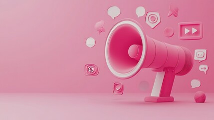 Pink megaphone with social media icons.