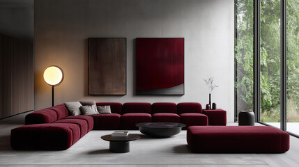 Luxurious burgundy sectional sofa with modern lighting and wall art

