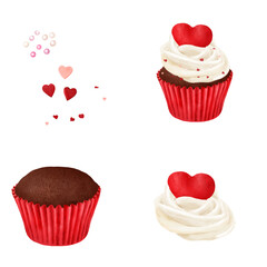 Cupcake with white cream and sweet sprinkles of hearts and pearls in a set. Watercolor digital illustration. Sweet pastry isolated on white background. Coffee cupcake. For birthday, Valentine's Day