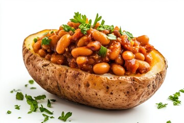 Delicious Baked Potato Stuffed with Baked Beans Isolated on a White Background