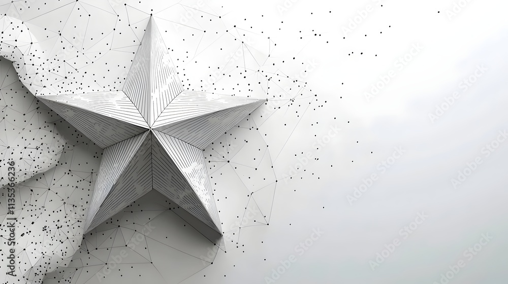 Poster a silver 3d star emerging from a network of geometric lines and dots, creating a futuristic and abst