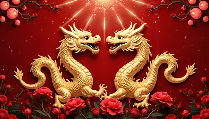 Fototapeta premium Festive card design for Chinese New Year featuring golden dragons and flowers