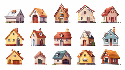 Cute Cartoon Cottage Collection: A charming set of 15 cartoon-style cottages, each featuring unique architectural details and vibrant colors, ideal for creating cozy and whimsical scenes.