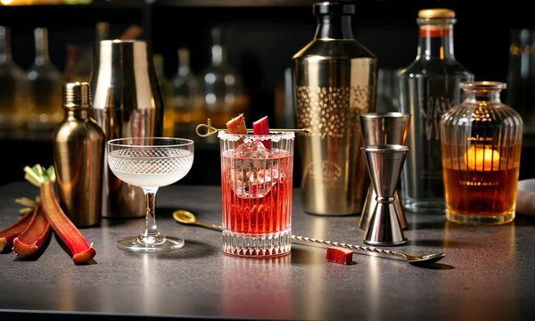 Two cocktails, cocktail shaker, jigger, and rhubarb on bar counter