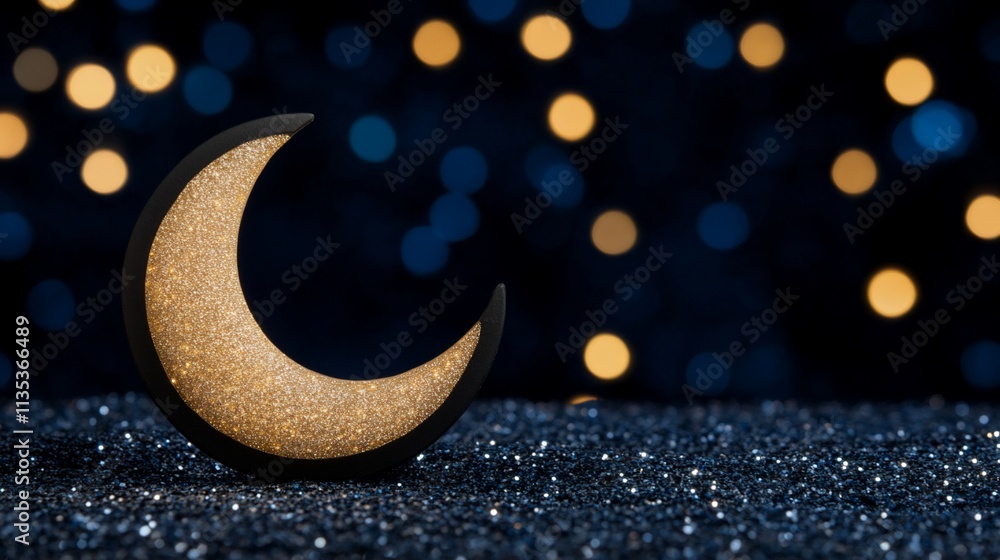 Poster glittering crescent moon on dark sparkly background with bokeh lights.