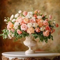 Obraz premium Elaborate flower arrangements in an antique vase on a grand table, lavish beauty, natural opulence