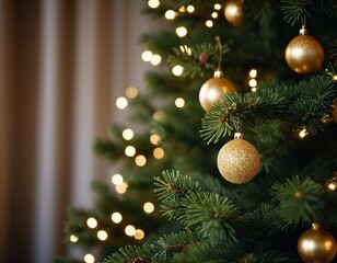 Obraz premium Seitlicher Blick auf einen Christbaum mit goldenen Kugeln