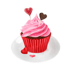 Chocolate cupcake with pink cream and hearts on a plate. Watercolor digital illustration. Sweet candies on a stick are stuck in cream, isolated on a white background. For a wedding, Valentine's Day