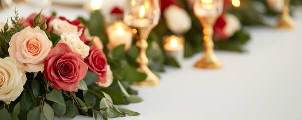 Fototapeta premium Elegant dinner table adorned with roses and gold candlesticks, lavish beauty, romantic indulgence