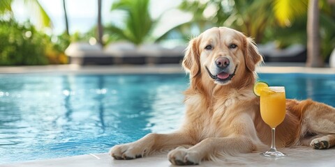 Golden Retriever Relaxing Poolside with a Refreshing Fruity Beverage Under the Summer Sun