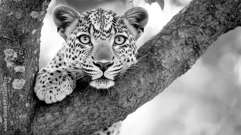 Poster stunning black and white image of a leopard gazing intensely while perched on a tree branch, exuding