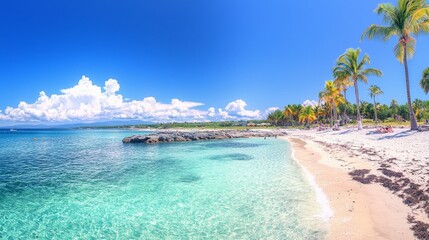 Fototapeta premium Serene beach scene with clear turquoise water and palm trees under a blue sky.