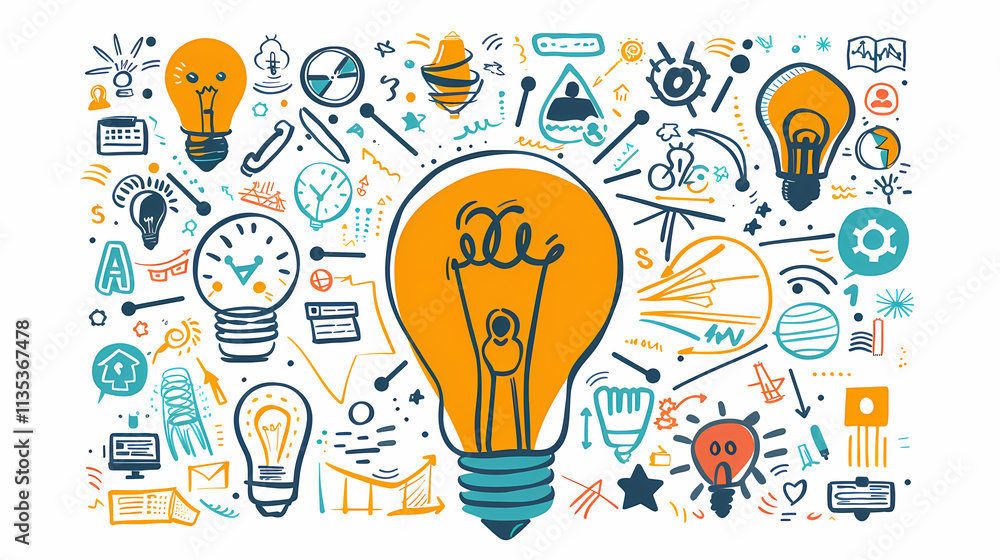Poster idea generation: a vibrant illustration showcasing a person joyfully emerging from a lightbulb surro