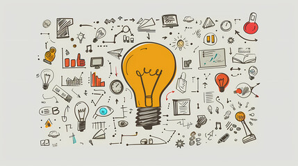 Bright Idea:  A hand-drawn illustration showcasing a large lightbulb as the central focus, surrounded by various creative doodles representing innovation, technology, and brainstorming.
