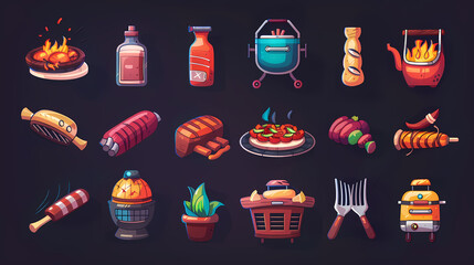 Barbecue Party Icons: A vibrant collection of cartoon-style icons depicting various barbecue food, grilling equipment, and sauces, perfect for websites, apps, or any project needing a fun.