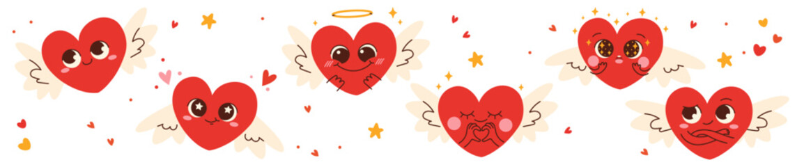 Set of Cute Kawaii heart characters with different emotions. Happy funny design elements for Valentine s Day. Hand drawn Vector illustration. Love, Valentine's day, romance concept. Isolated on white 