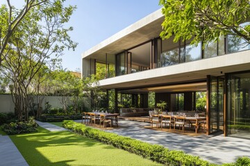 Stunning Luxurious Modern House Exterior Showcasing Elegant Dining Space and Lush Garden Design