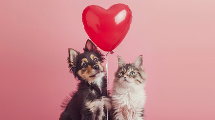 Heartfelt Companionship: A playful dog and cat duo share a moment of endearment under a heart-shaped balloon, radiating joy and playful camaraderie.  