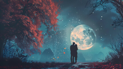 Fototapeta premium Moonlit Embrace: A romantic silhouette of a couple embracing under a large, luminous full moon, surrounded by a mystical forest with glowing red leaves. The scene evokes feelings of love, mystery.