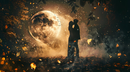 Obraz premium Moonlight Kiss: Silhouetted couple sharing a tender kiss under a magical full moon, surrounded by falling autumn leaves and a mystical, dreamlike atmosphere. 