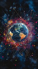 A vibrant depiction of planet Earth with interconnected colorful lines and nodes. This striking digital art symbolizes global communication, technology, and innovation, ideal for futuristic concepts