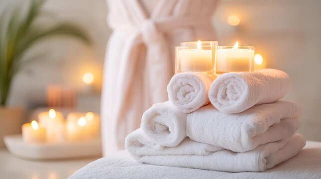 Luxury spa scene with glowing candles and silk robes, lavish beauty, serene indulgence