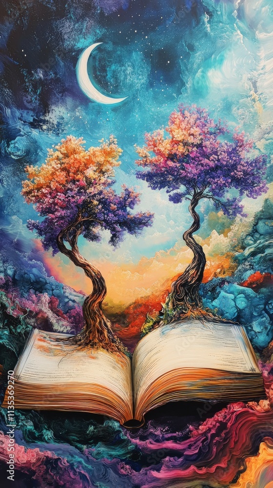 Poster a striking scene of an open book with twisted, vibrant trees under a colorful, surreal sky. a captiv