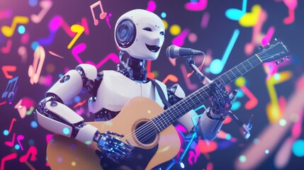 Obraz premium A cheerful robot performs with an acoustic guitar, surrounded by a symphony of floating, colorful music notes, against a vibrant backdrop evoking creativity and joy.. AI Generation