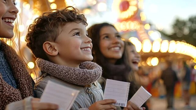 Carnival Ride Queue with Excited Children and Parents Watching