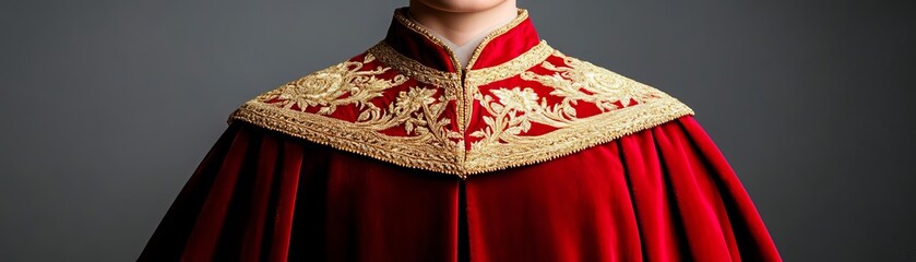 Rich velvet cape adorned with golden embroidery, lavish beauty, regal fashion