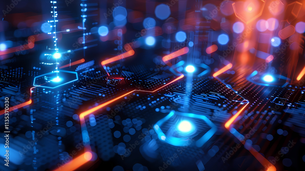 Poster cybernetic circuitry: abstract digital art depicting a futuristic, glowing circuit board with intric