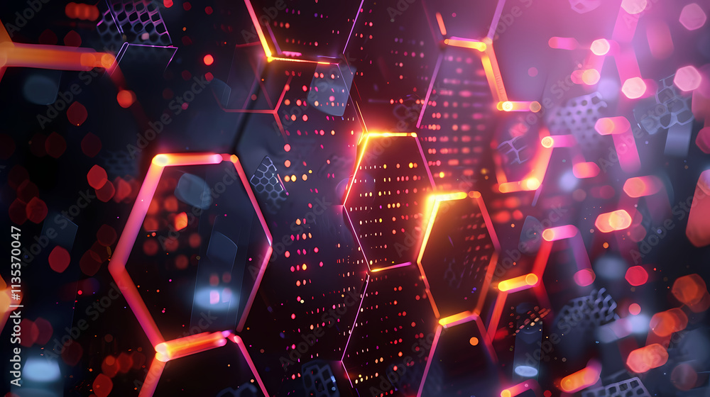 Poster hexagon tech abstract: a mesmerizing abstract background of glowing neon hexagons in vibrant shades 