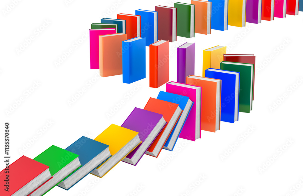 Poster domino effect from colored books, 3d rendering isolated on transparent background