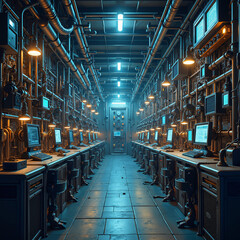 Neon Dreamscape: A Futuristic Corridor of Computers