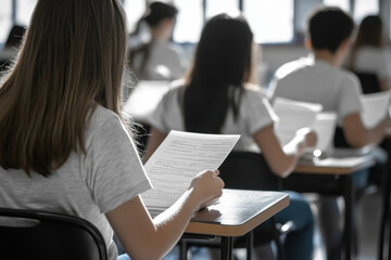Rear view of university student sitting in exam room concentrating on taking a test