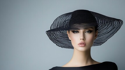 Woman wearing a couture hat with intricate detailing, lavish beauty, avant-garde elegance