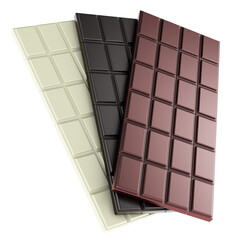 Chocolate Bars. Milk, black and white chocolate, 3D rendering isolated on transparent background