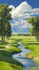 Serene landscape with a winding stream, lush greenery, and mountains.