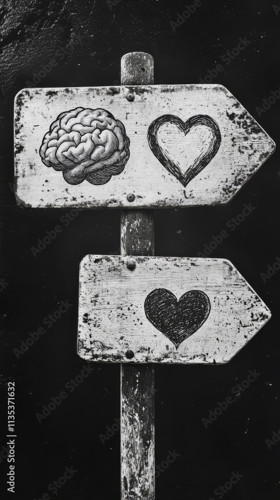 Poster a minimalistic black-and-white directional sign showcasing heart and brain symbols, symbolizing a ch