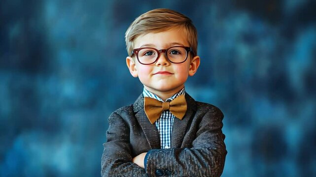 A young boy showcases his fashion sense while wearing a bow tie and glasses. He stands with his arms crossed, radiating confidence in front of a vibrant blue background
